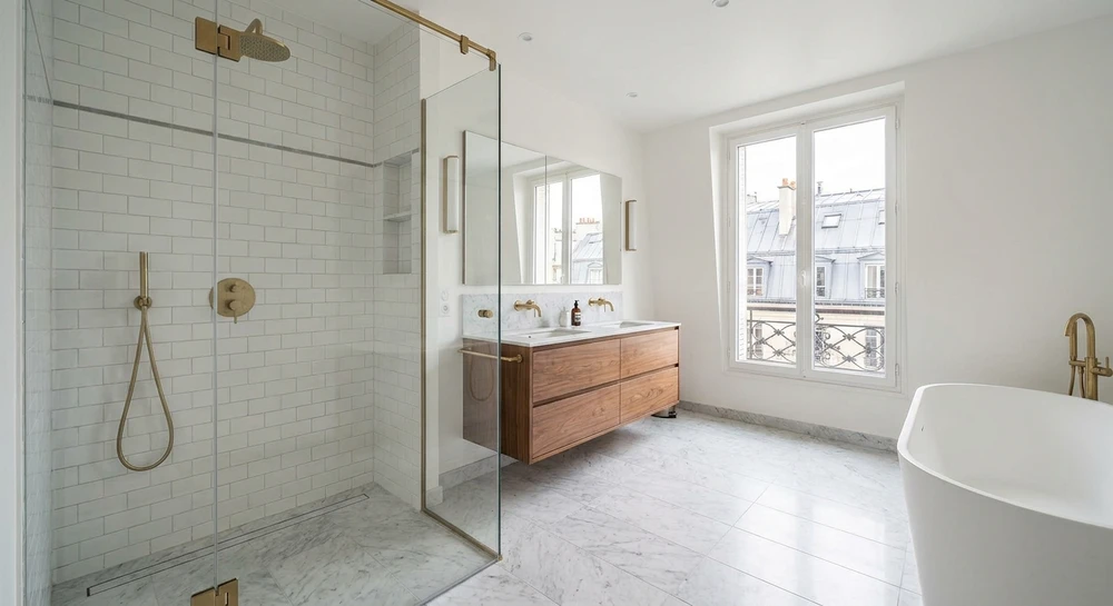 Photographie d'une salle de bain complètement rénovée montrant à la fois l'état après intervention : baignoire ou douche neuve avec carrelage frais, robinetterie moderne installée, sanitaires neufs et brillants, finitions impeccables, démontrant une transformation professionnelle de qualité. La composition doit clairement présenter l'espace rénové dans son ensemble pour illustrer le travail de rénovation clé en main proposé par l'entreprise.