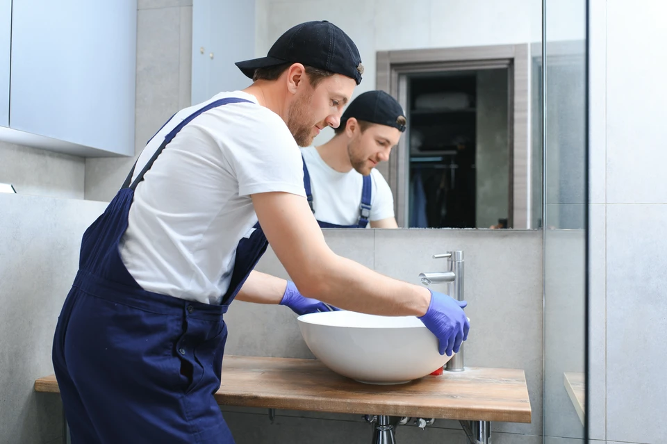 Plombier professionnel travaillant sous évier de cuisine, accroupi dans placard ouvert