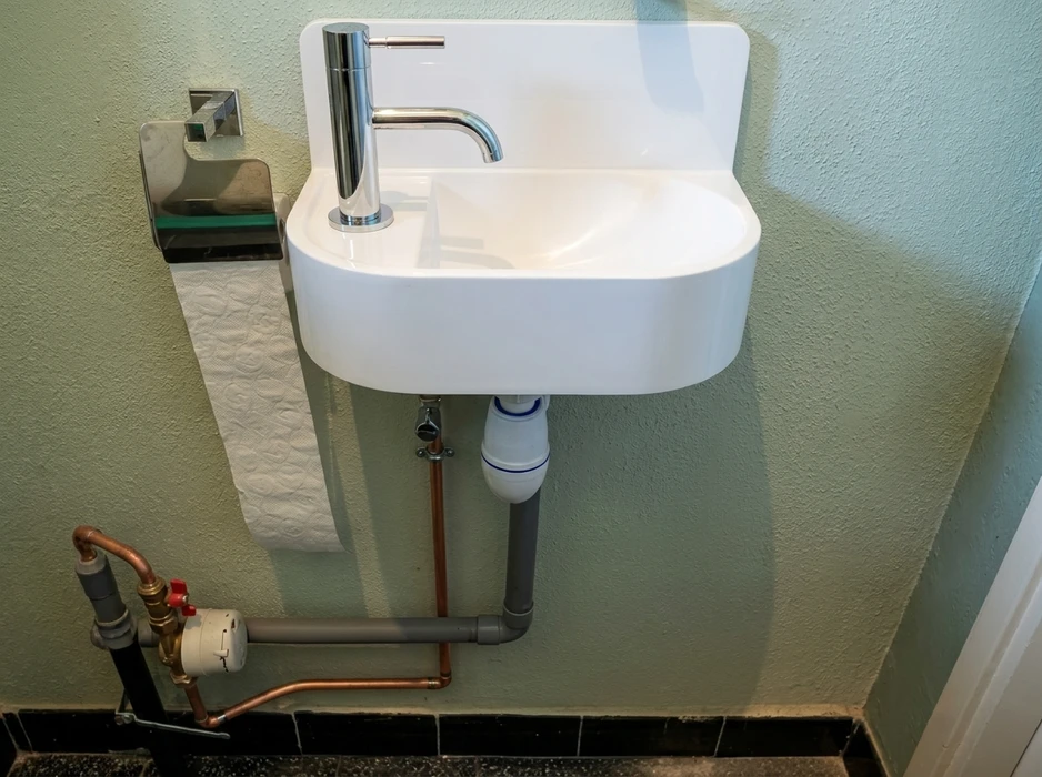 Lave-mains mural blanc compact, robinet mitigeur chromé monotrou