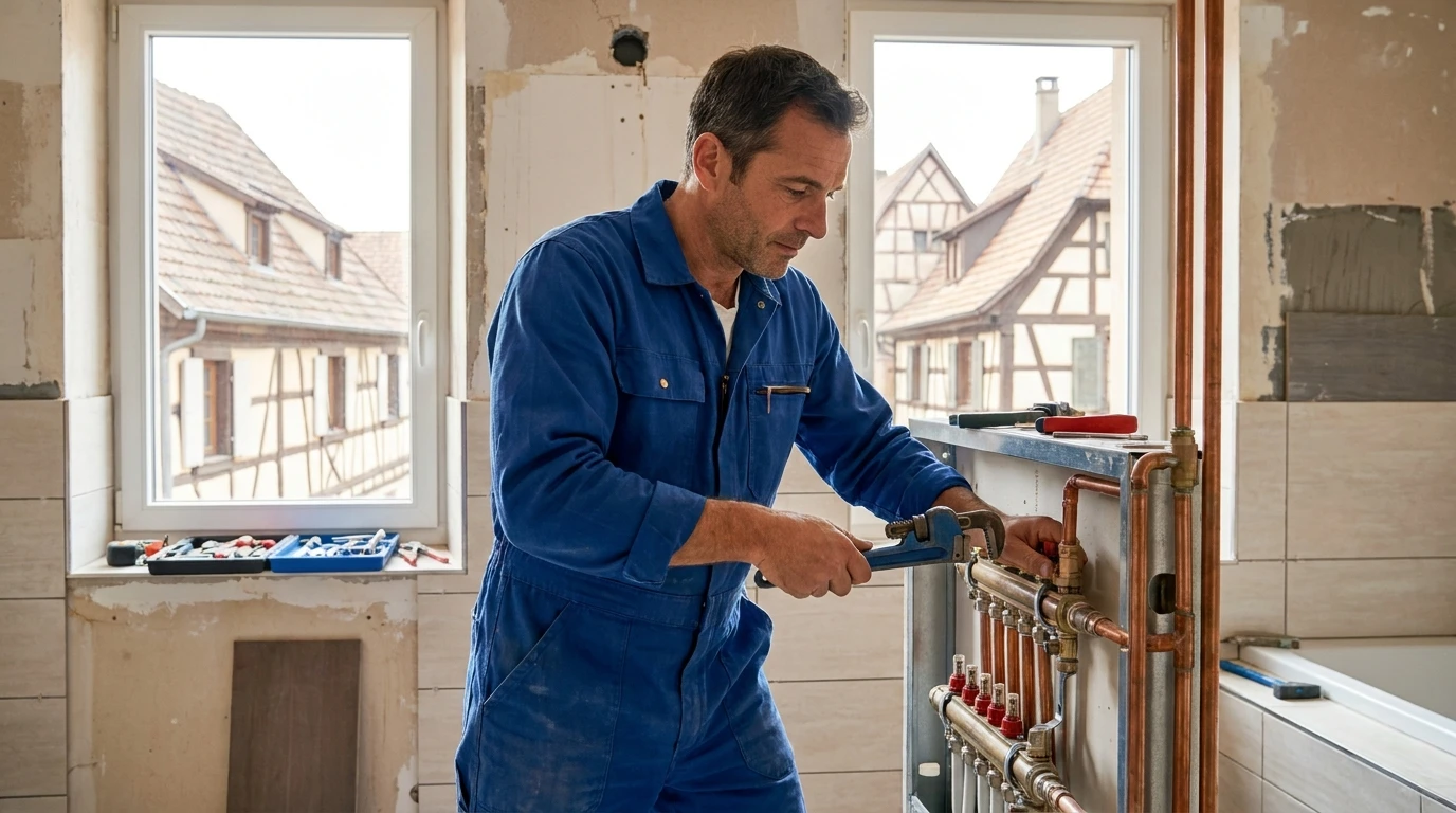 Atelier de plomberie avec outils professionnels disposés sur établi en bois