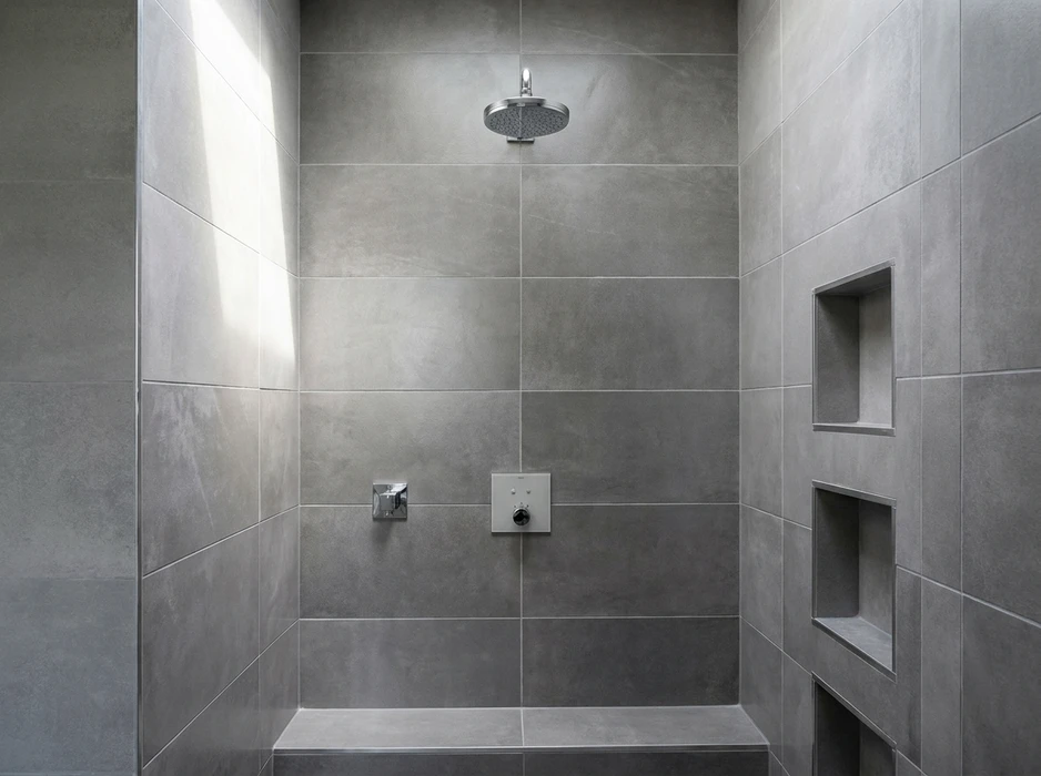 Salle de bain moderne avec baignoire îlot blanche autoportante, robinet mural chromé, carrelage mural gris anthracite effet bois, sol en vinyle imitation parquet