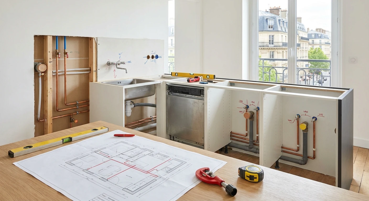 Robinet chromé en gros plan avec jet d'eau coulant dans un évier, environnement de cuisine moderne avec éléments flous en arrière-plan